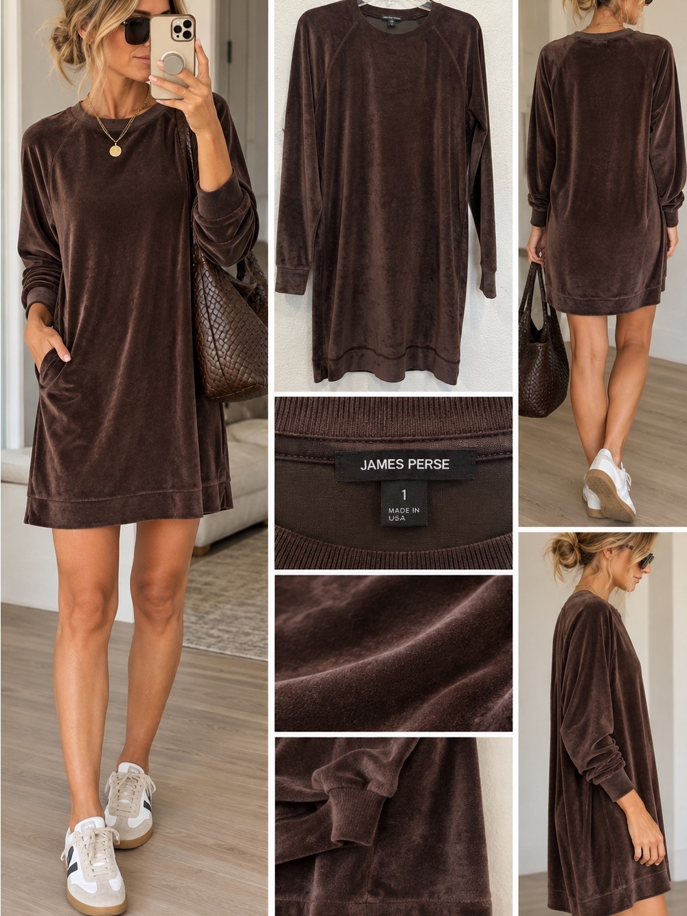 James Perse Brown Velvet Mini Sweatshirt Dress Size 1 S